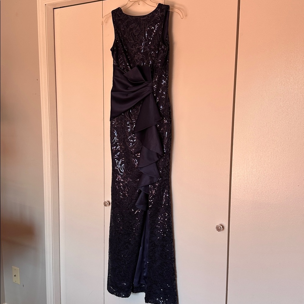 Eliza J. Sequins lace boatneck sleeveless ruffle front slit gown - Picture 10 of 12